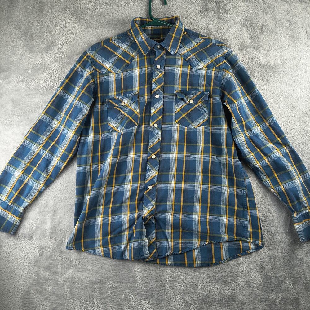 Old Navy Men’s L Blue Plaid Flannel Shirt Pearl Snap Western Cowboy Style